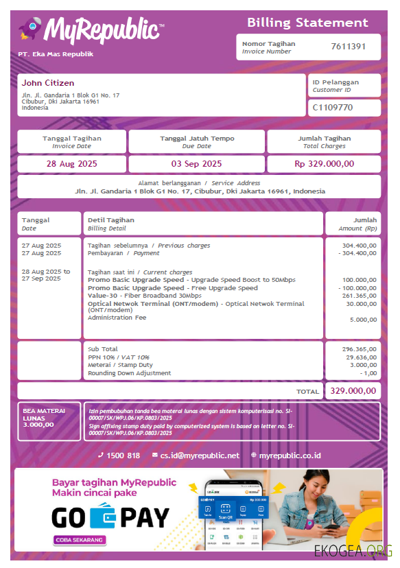 Indonesia My Republic utility bill template in Word and PDF formats